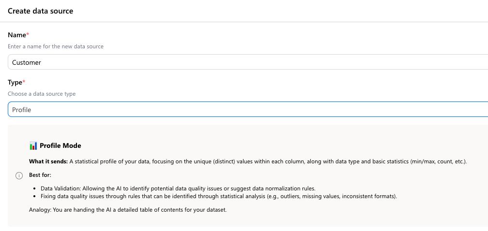 Create data source pane with Type set to Profile and a description of Profile mode